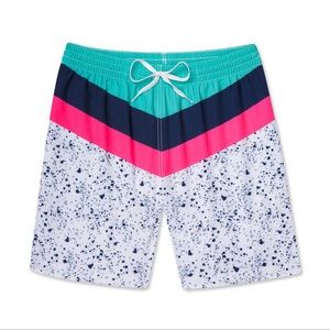 Chubbies Teal and Pink Chevron Swim Trunks